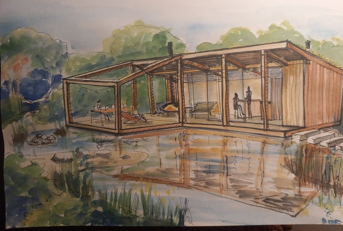 Zahradní pavilon a jezírko, Roztoky — skica